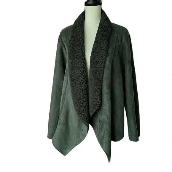 Denim&Co 1X Faux Suede Sherpa-lined Forest Green Open Front Jacket - Picture 1 of 7